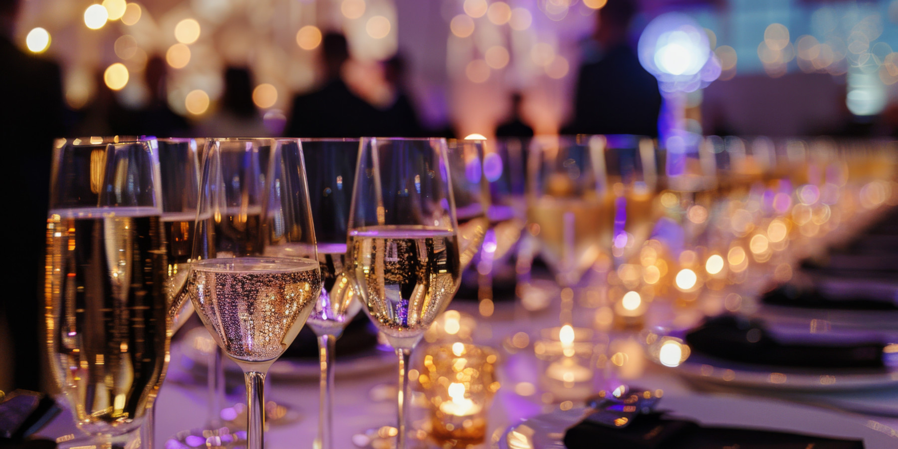 Nahaufnahme von funkelnden Champagnergläsern auf einem für ein elegantes Galadinner gedeckten Tisch